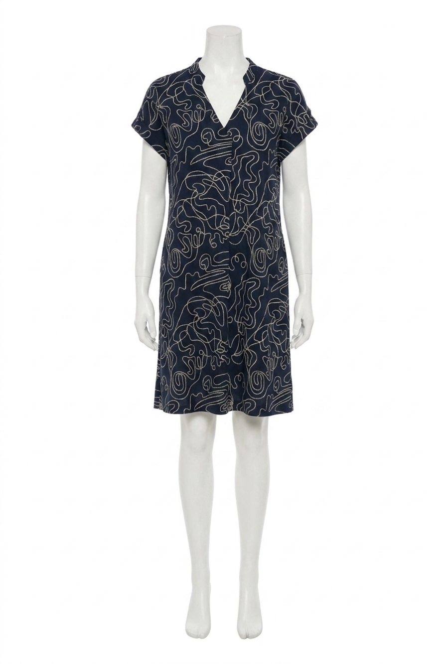 NEW JOSEPH RIBKOFF abstract print trapeze dress in navy/off-white